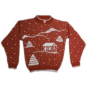 Vintage JCPenney Kids Red Winter‎ Scene Knit Sweater Size M 10 12
